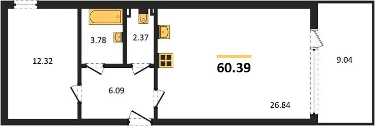 Квартира 1-комн. 60.39 кв. м
