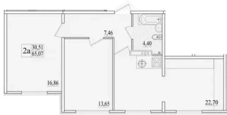 Квартира 2-комн. 65.14 кв. м