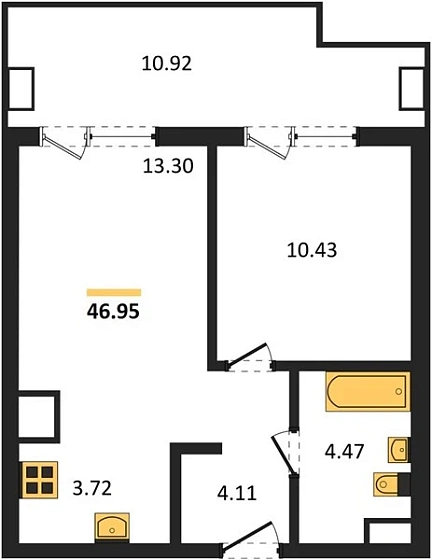 Апартаменты 1-комн. 46.95 кв. м