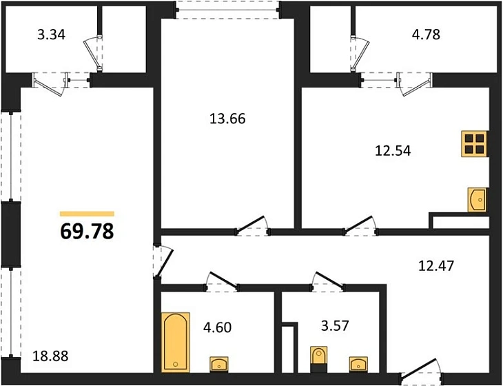 Квартира 2-комн. 69.78 кв. м