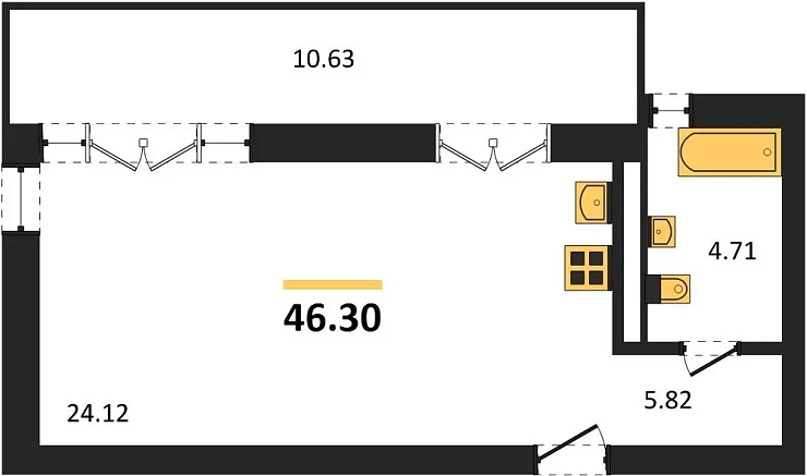 Квартира 1-комн. 46.3 кв. м