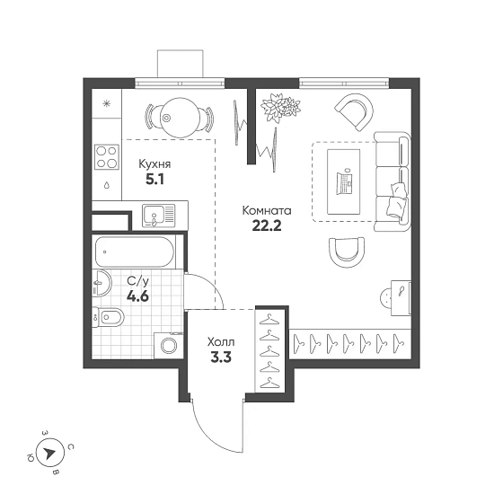 Квартира Студия 35.2 кв. м