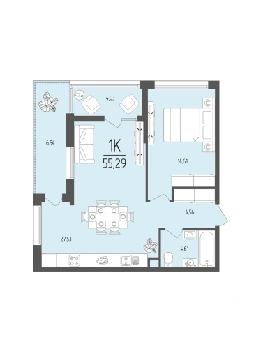 Квартира 1-комн. 55.29 кв. м