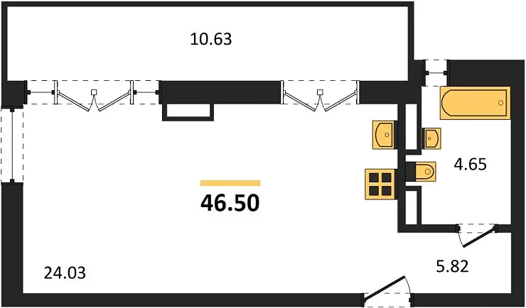 Квартира 1-комн. 46.5 кв. м