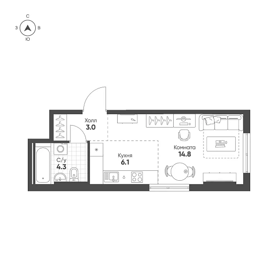Квартира Студия 28.2 кв. м