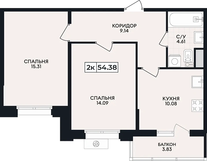 Квартира 2-комн. 54.38 кв. м
