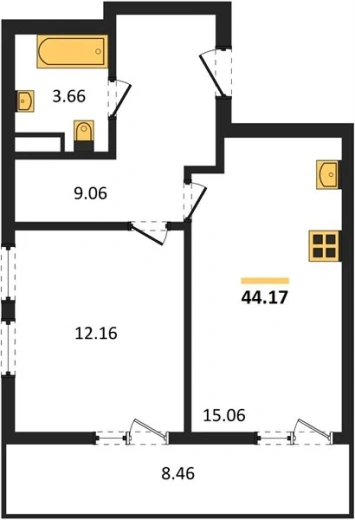 Квартира 1-комн. 44.17 кв. м