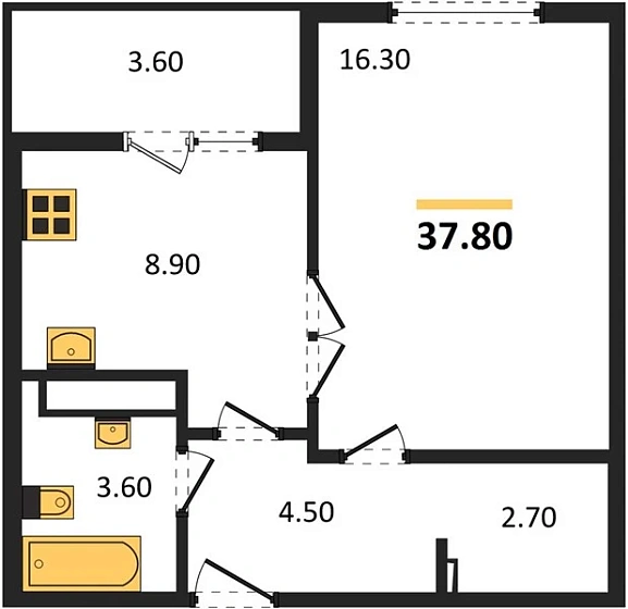 Квартира 1-комн. 37.8 кв. м