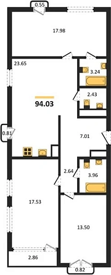 Квартира 3-комн. 94.03 кв. м