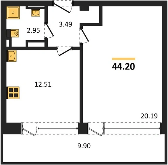 Квартира 1-комн. 44.2 кв. м