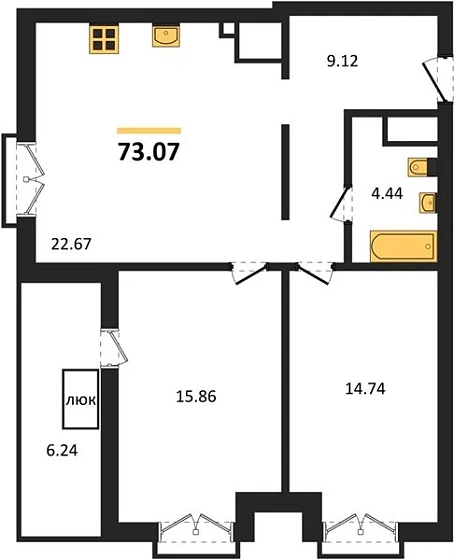 Квартира 2-комн. 73.07 кв. м