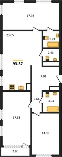 Квартира 3-комн. 93.37 кв. м