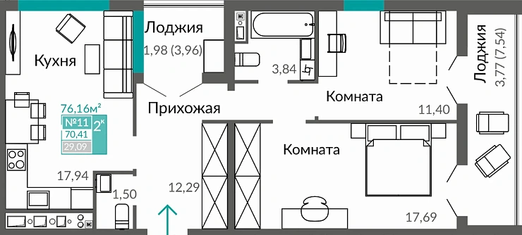 Квартира 2-комн. 70.41 кв.м