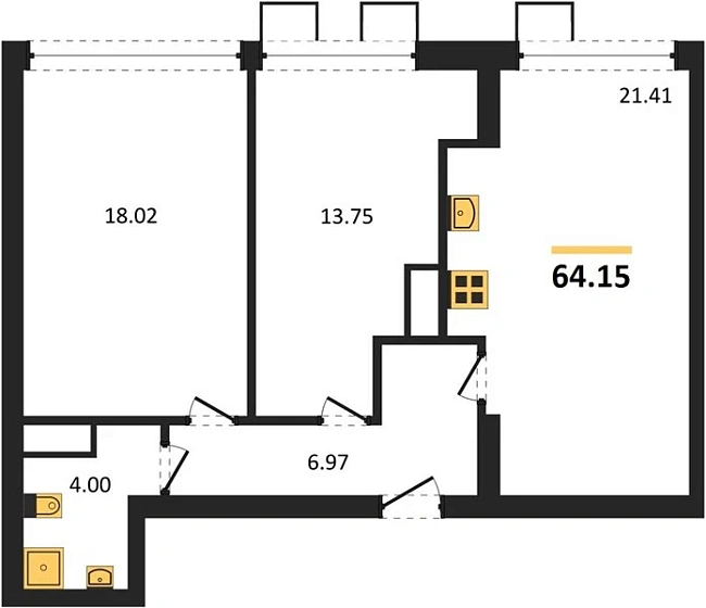 Квартира 2-комн. 64.15 кв. м