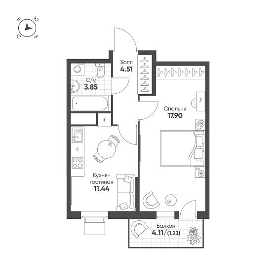 Квартира 1-комн. 38.93 кв. м