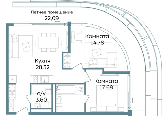Апартаменты 3-комн. 86.48 кв. м