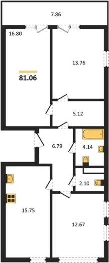 Квартира 3-комн. 81.06 кв. м