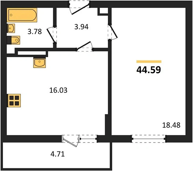 Квартира 1-комн. 44.59 кв. м