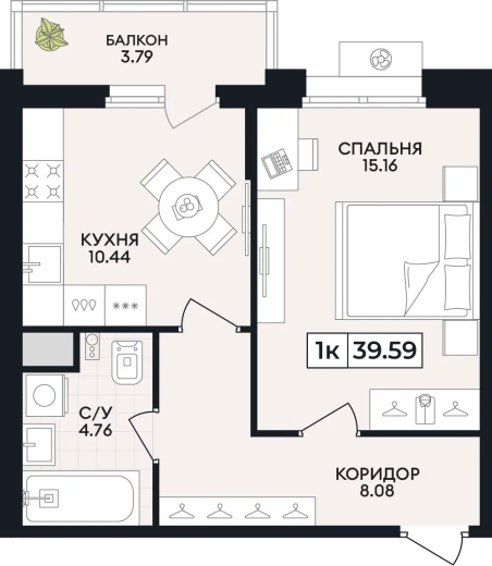 Квартира 1-комн. 39.59 кв. м