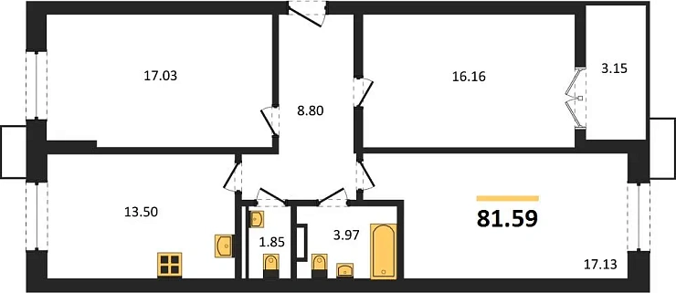 Квартира 3-комн. 81.59 кв. м