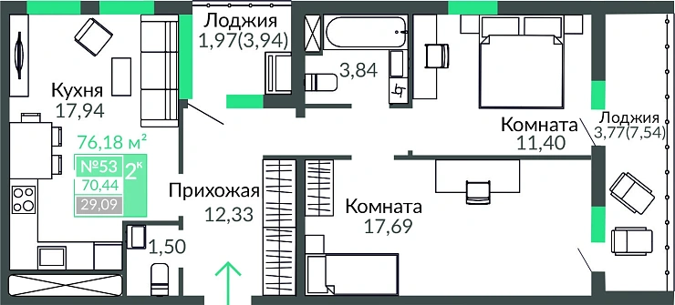 Квартира 2-комн. 70.44 кв.м