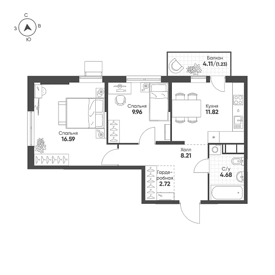 Квартира 2-комн. 55.21 кв. м