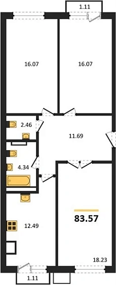 Квартира 3-комн. 83.57 кв. м