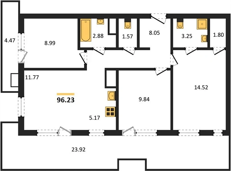 Апартаменты 3-комн. 96.23 кв. м