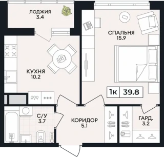 Квартира 1-комн. 39.8 кв. м