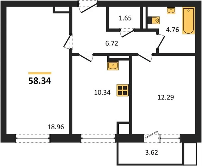 Квартира 2-комн. 58.34 кв. м