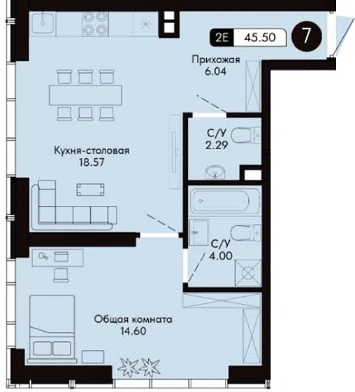 Квартира 1-комн. 45.5 кв. м