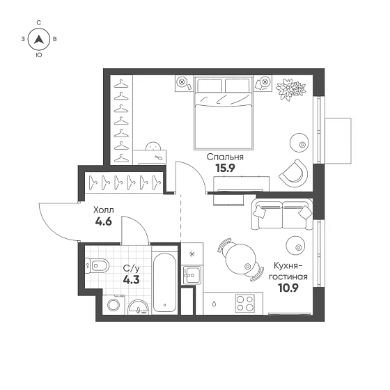 Квартира 1-комн. 35.7 кв. м