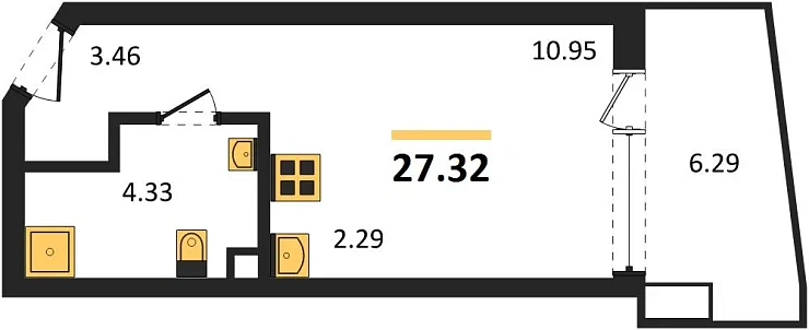 Апартаменты 1-комн. 27.32 кв. м