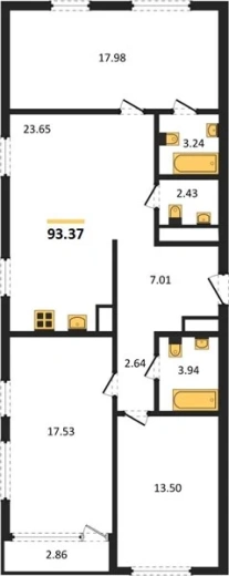 Квартира 3-комн. 93.37 кв. м