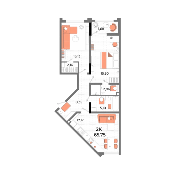 Квартира 2-комн. 65.75 кв. м