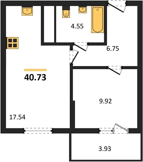 Квартира 1-комн. 40.73 кв. м