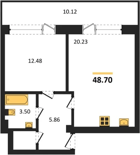Квартира 1-комн. 48.7 кв. м