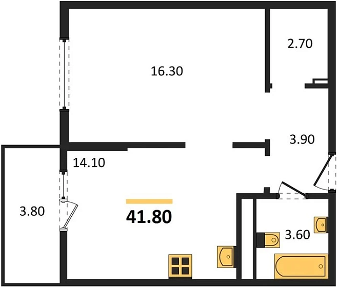 Квартира 1-комн. 41.8 кв. м
