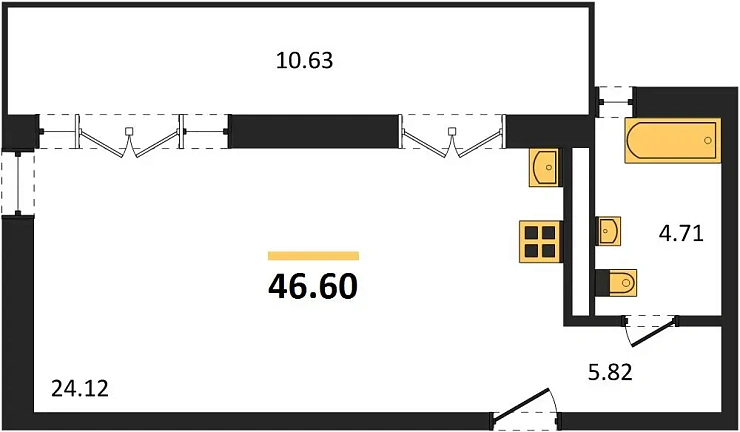 Квартира 1-комн. 46.6 кв. м