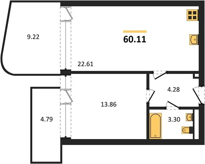 Апартаменты 1-комн. 60.11 кв. м