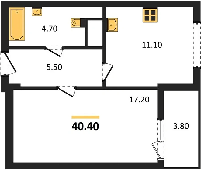 Квартира 1-комн. 40.4 кв. м