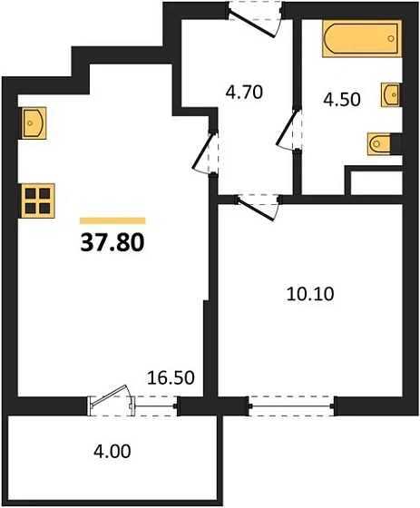 Квартира 1-комн. 37.8 кв. м