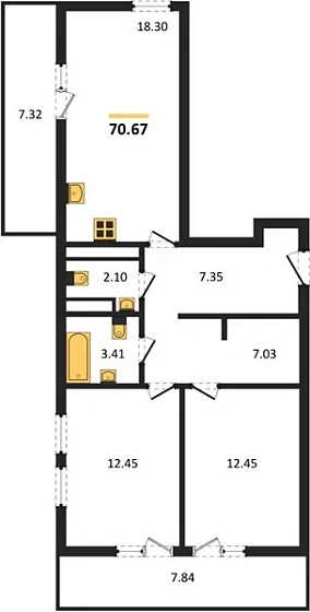 Квартира 2-комн. 70.67 кв. м