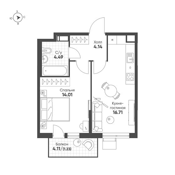 Квартира 1-комн. 40.48 кв. м
