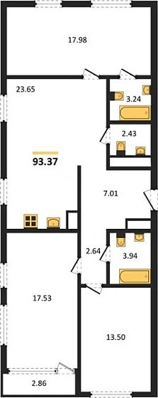 Квартира 3-комн. 93.37 кв. м
