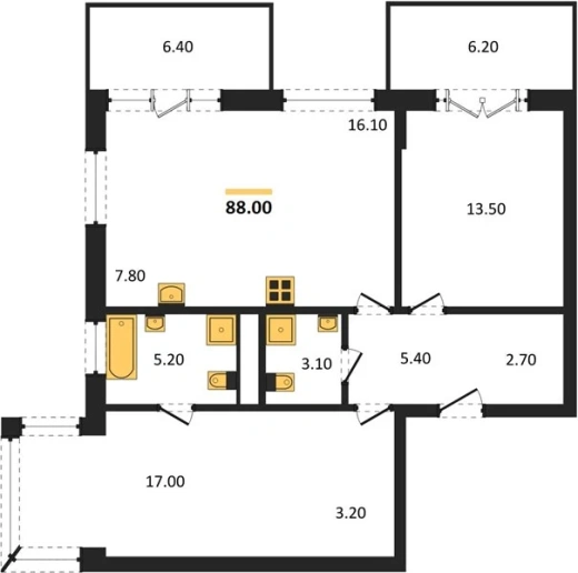 Квартира 2-комн. 88 кв. м