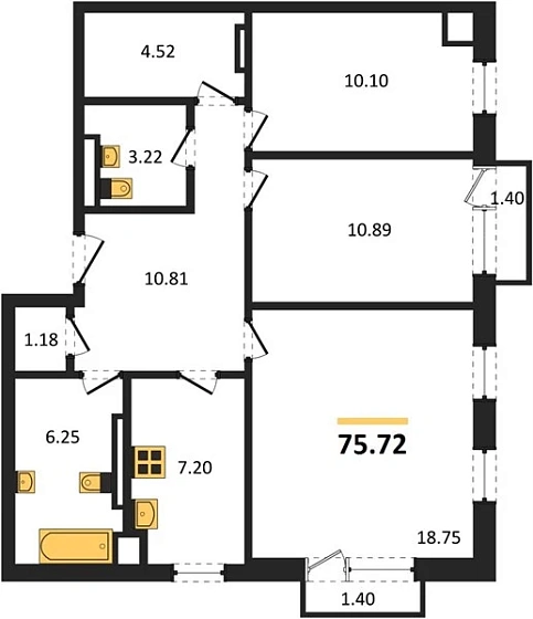 Квартира 3-комн. 75.72 кв. м