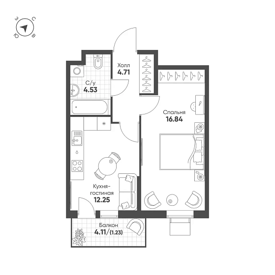 Квартира 1-комн. 39.56 кв. м