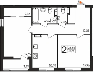 Квартира 2-комн. 63.91 кв. м