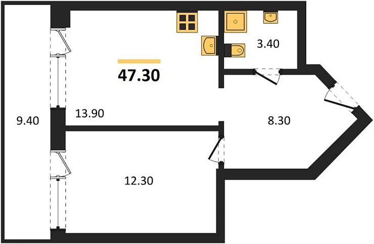 Апартаменты 1-комн. 47.3 кв. м